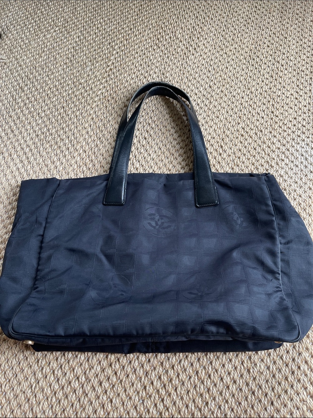 CHANEL Black Logo Jacquard Tote with Leather Handles